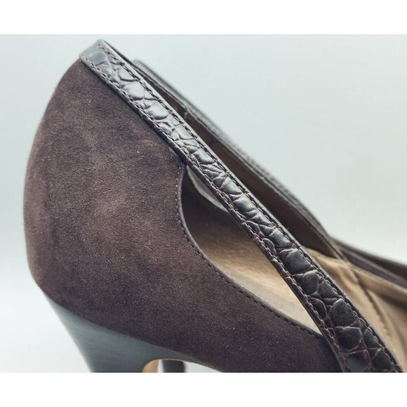 Ann Taylor Brown Suede Pumps Heels Shoes Leather Croc Straps Size 9M Career - Picture 5 of 14